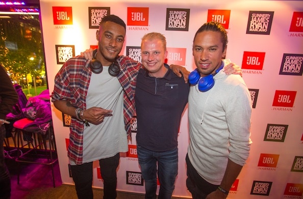 Redactielid Rowan met Sunnery James & Ryan Marciano bij de 'SJRM x JBL x ADE' launch afgelopen week in Amsterdam
