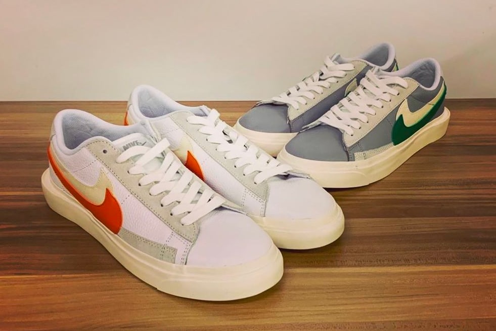 sacai x Nike Blazer Low "Medium Grey/Classic Green/White" en "White/Magma Orange/White"